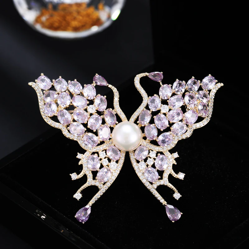 2025 Exquisite high-end purple butterfly zircon brooch natural freshwater pearl temperament elegant clothing jacket fashion accessories - Deanwangkt