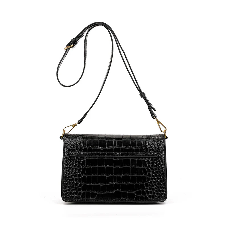 Crocodile Pattern Leather Bag Black Retro Small Square Bag Women's Crossbody High-Grade Simple Handbag Shoulder Box Envelope Package - Deanwangkt