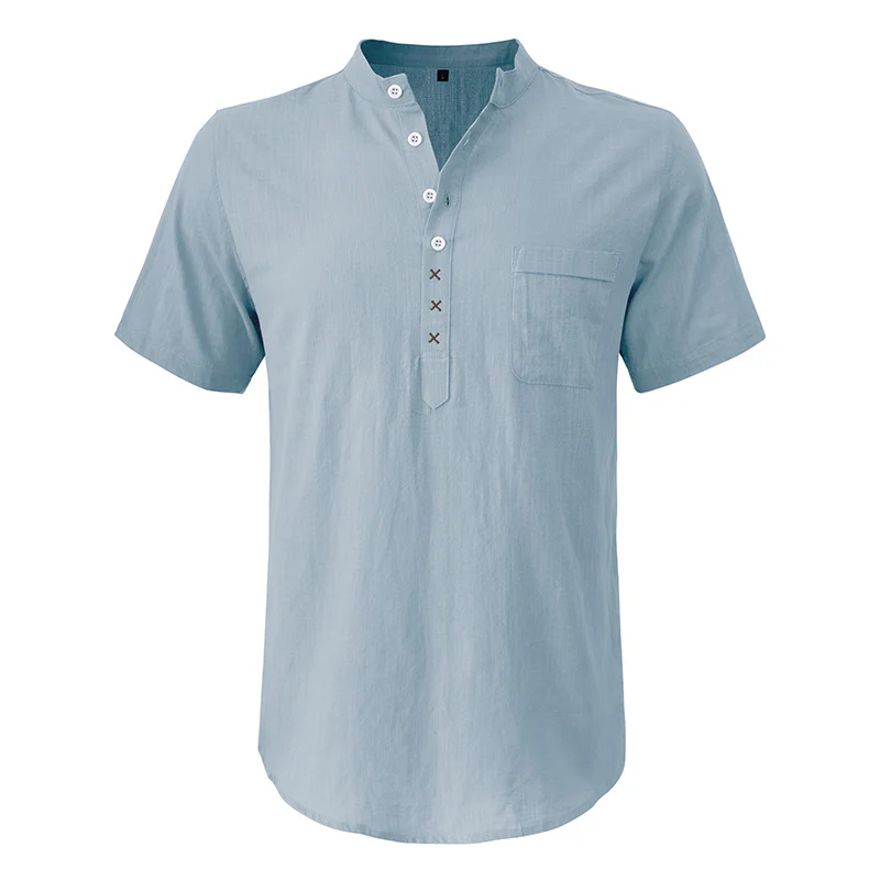 DEANWANGKT 2025 Cross-border men's Hawaiian short-sleeved beach shirt, Popular trade Henry shirt,   men's cotton and linen shirt - Deanwangkt