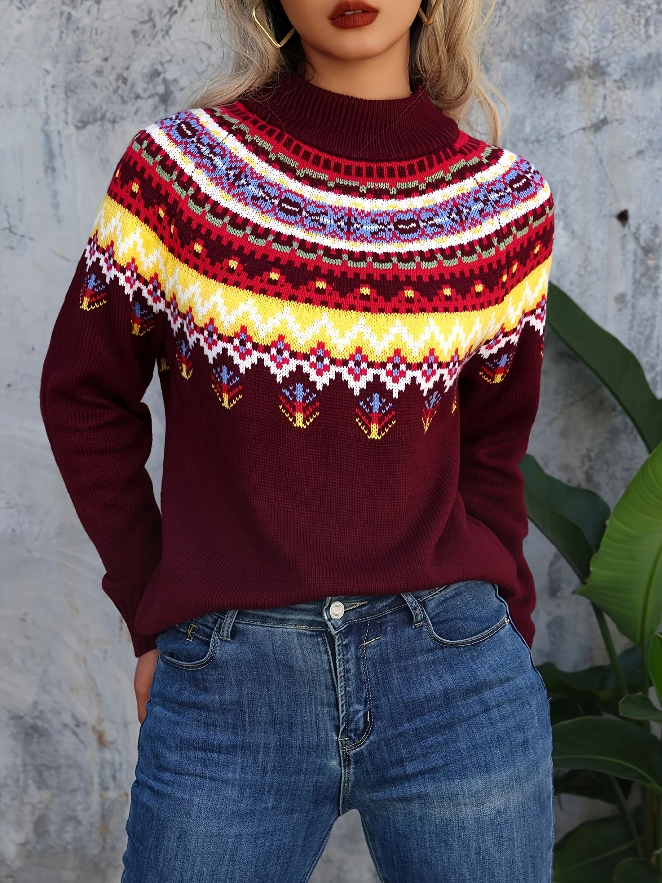 Women's Elegant Middle Eastern Style Acrylic Crew Neck Knit Pullover - Festive Snowflake & Wishing Tree Long Sleeve Sweater for Fall/Winter - Deanwangkt