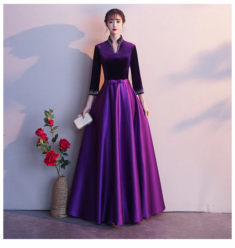 Solvbao Dark Purple Satin Long Sleeves Beaded Velvet Bridesmaid Dress, Purple Formal Dress - Deanwangkt