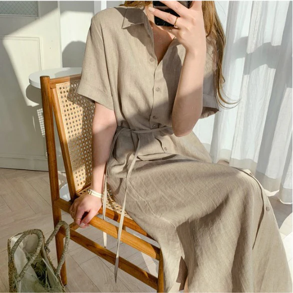 deanwangkt Korean Style Simple Loose Lace-up Waist-Tight Single-Breasted Short Sleeve Linen Shirt Dress Women's Clothing - Deanwangkt