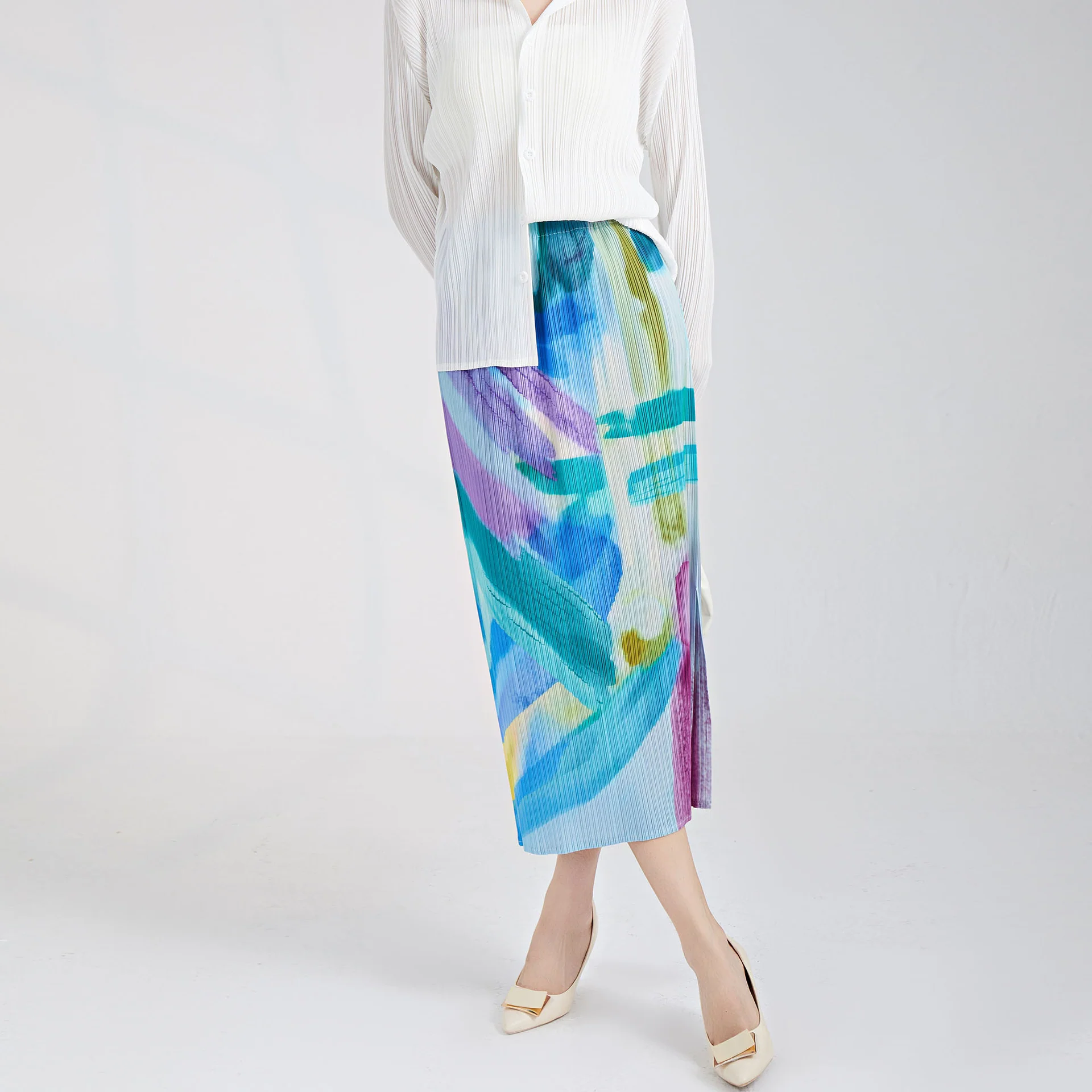 2025 Xiaohongshu hot-selling pleated skirt women's summer new high-waisted and thin smudged split-fork Miyake straight skirt - Deanwangkt