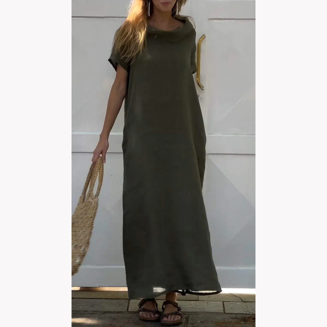 DEANWAQNGKT  Cross-Border  Summer New  Cotton and Linen Dress Casual All-Match Loose Pile Collar Short Sleeve Dress for Women - Deanwangkt