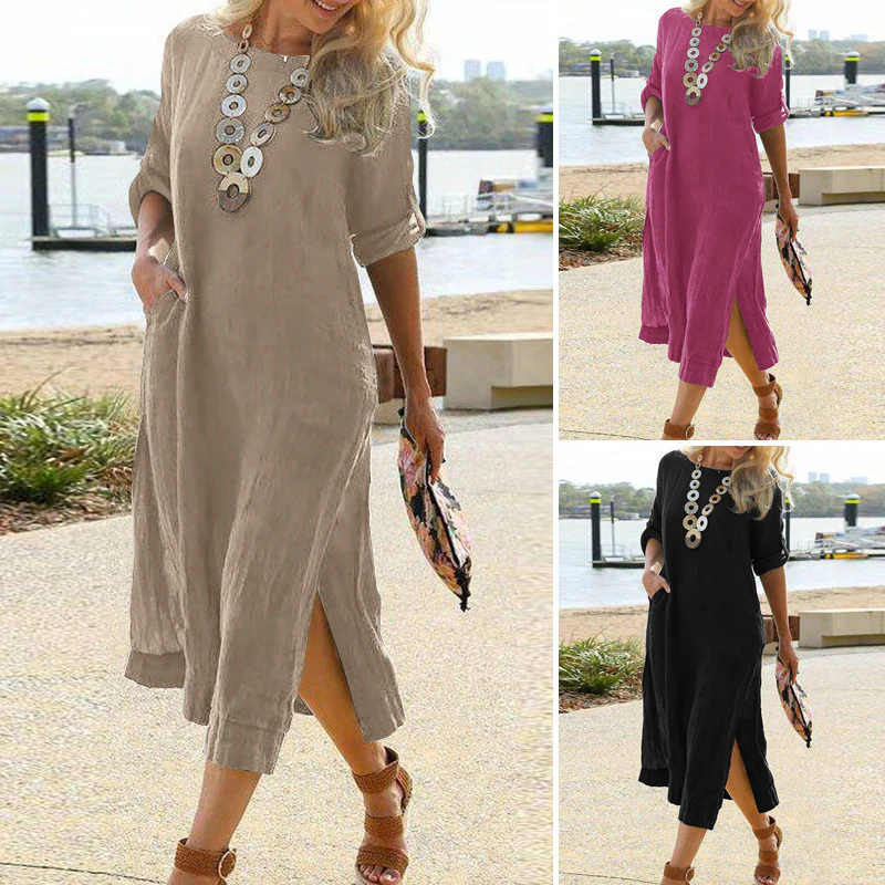 DEANWANGKT EBay  European and American Leisure Retro Long Shirt Dress Long Sleeve Slit Hemline at Hem Maxi Dress - Deanwangkt
