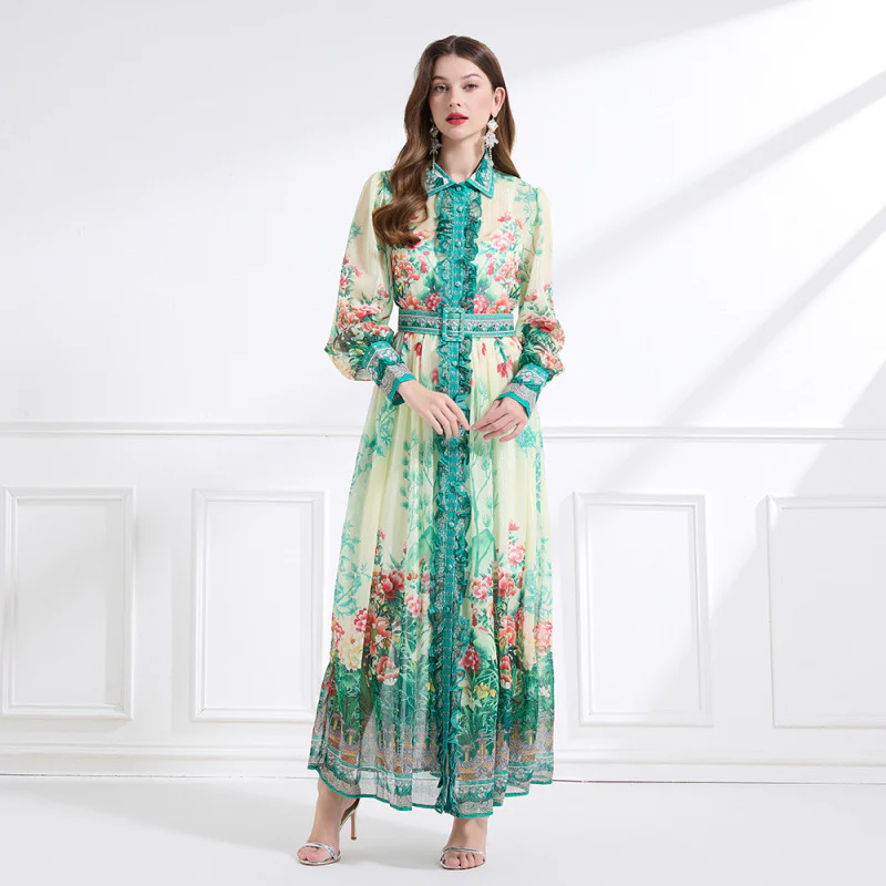 Spring/Summer  Chiffon Shirt Collar Print Long Sleeve Waist Lotus Edge Long Dress - Two-piece Set - Deanwangkt