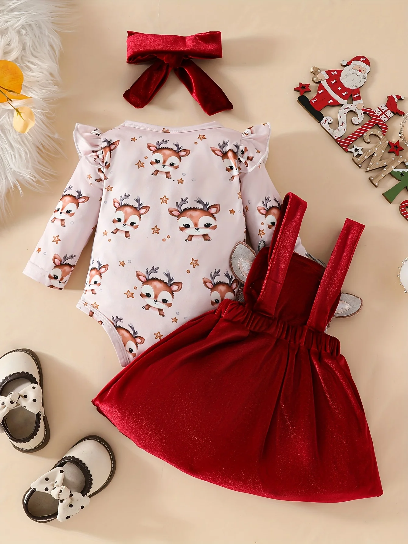 2-piece Elk Patchwork Christmas Toddler & Infant Girl's Adorable Suspender Overall Skirt + Hairband + Ruffled Long Sleeve Bodysuit Outdoor Set - Deanwangkt