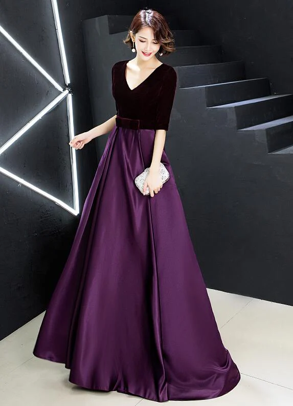 Solvbao Elegant V-neckline Velvet Top Long Bridesmaid Dresses, A-line Short Sleeves Prom Dresses - Deanwangkt