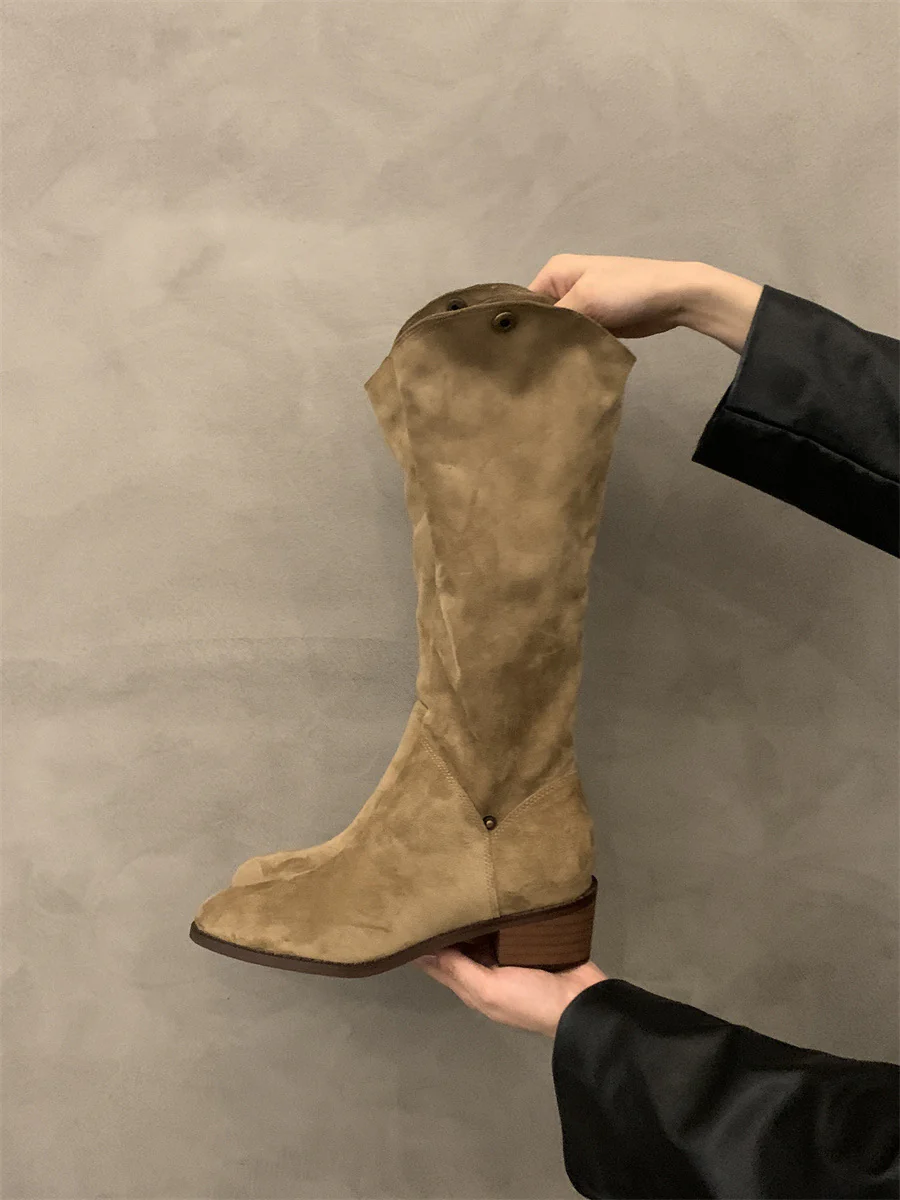 2025  Coarse heel khaki stacking boots medium boots women's shoes popular new spring, autumn and winter suede thin long boots - Deanwangkt