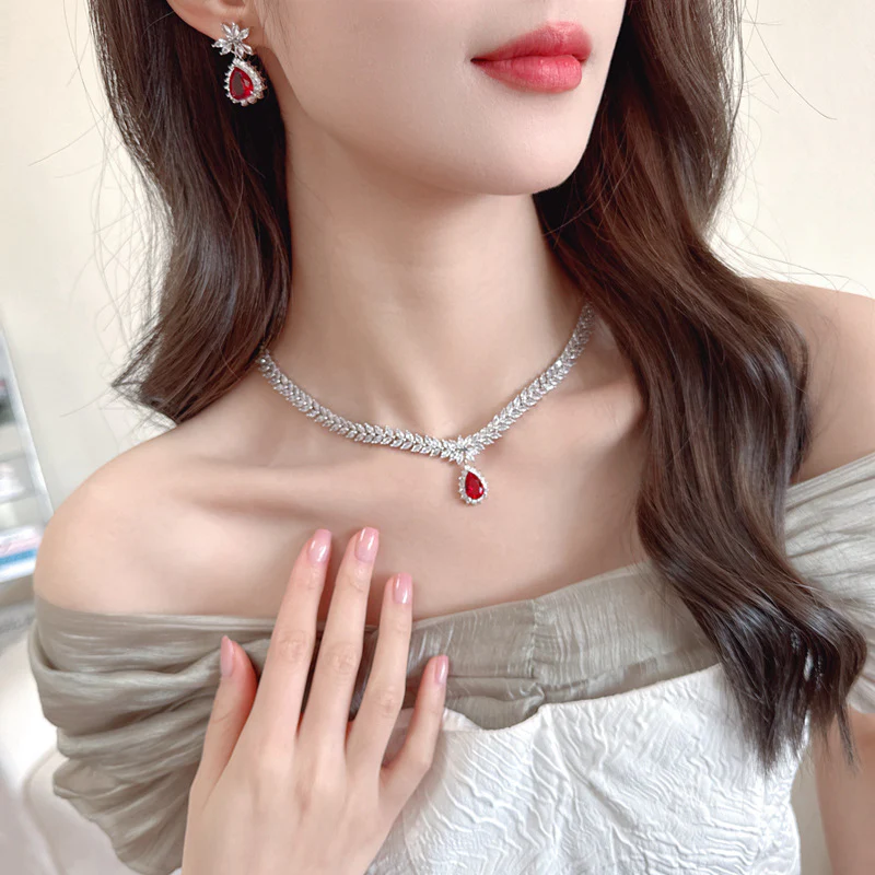 2025 Luxury high-end necklace, earrings, women's zircon jewelry, wheat ears, water drop set, wedding dress, evening dress accessories, banquet jewelry. - Deanwangkt