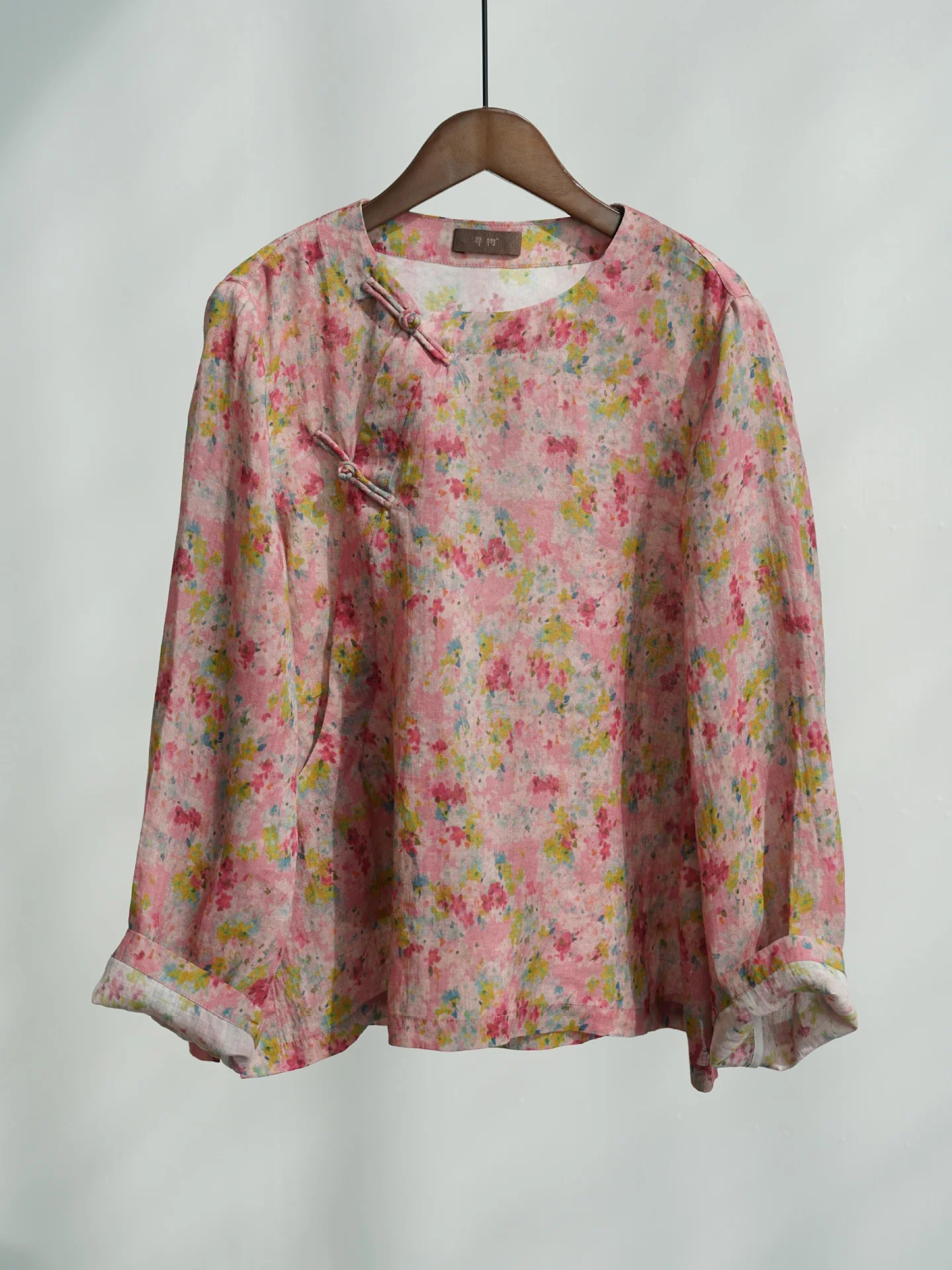 Original light Chinese digital printing ramie shirt, retro literary button-up top S25057 - Deanwangkt