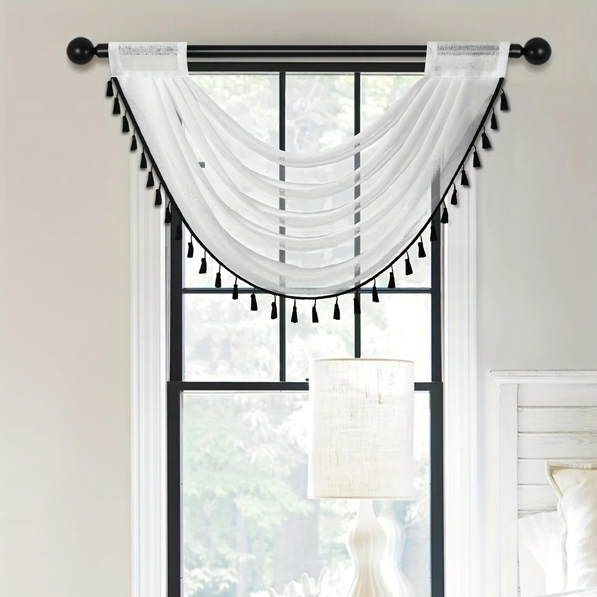 1pc Fashionable Sheer Wave Curtain Valance With Tassels Edge - Light-Transmitting, Rod Pocket, Perfect For Living Room, Bedroom, And Kitchen - 30x24 Inches - Deanwangkt