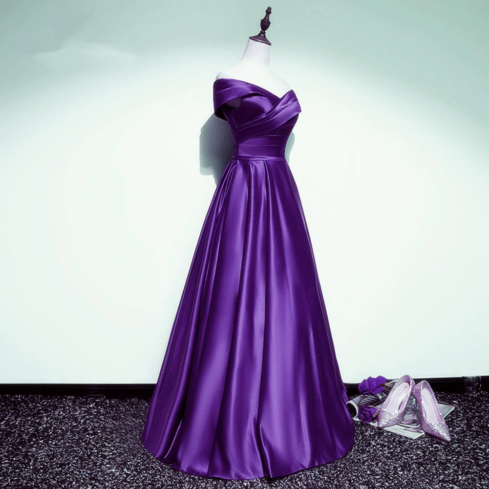 Solvbao Purple Satin Off Shoulder A-line Long Party Dress, Floor Length Junior Prom Dress - Deanwangkt