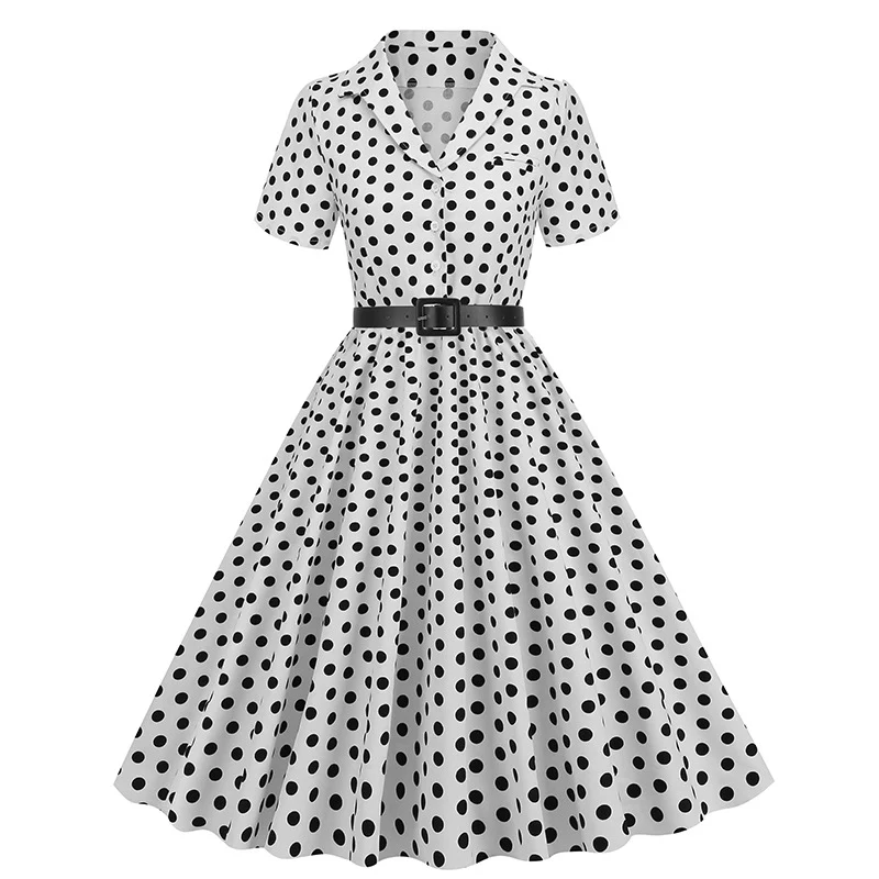 DEANWAQNGKT  European and American Women's Clothing Polka Dot Stitching Belt Short Sleeve European and American Style Dress Hepburn Vintage  Dress - Deanwangkt