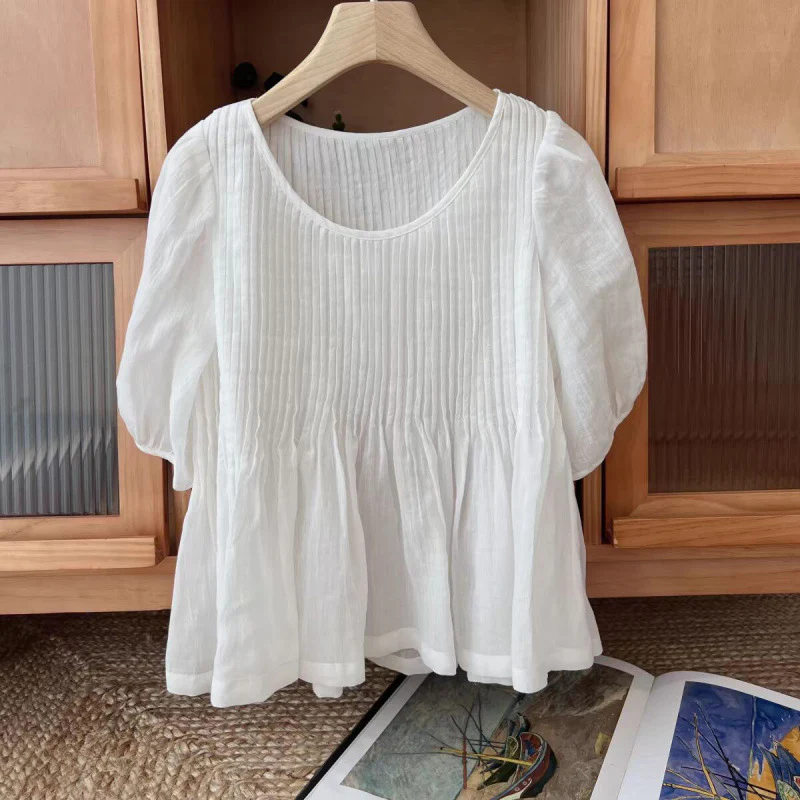 Small fresh mint mambo green heavy industry pleated craft wrinkled cotton and linen five-quarter sleeve short shirt women's summer new - Deanwangkt