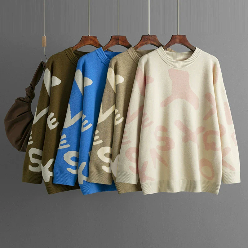 DEANWANGKT Cross-border Russia New autumn and winter new knitted sweater women's medium and long jacquard loose bottoming shirt top - Deanwangkt