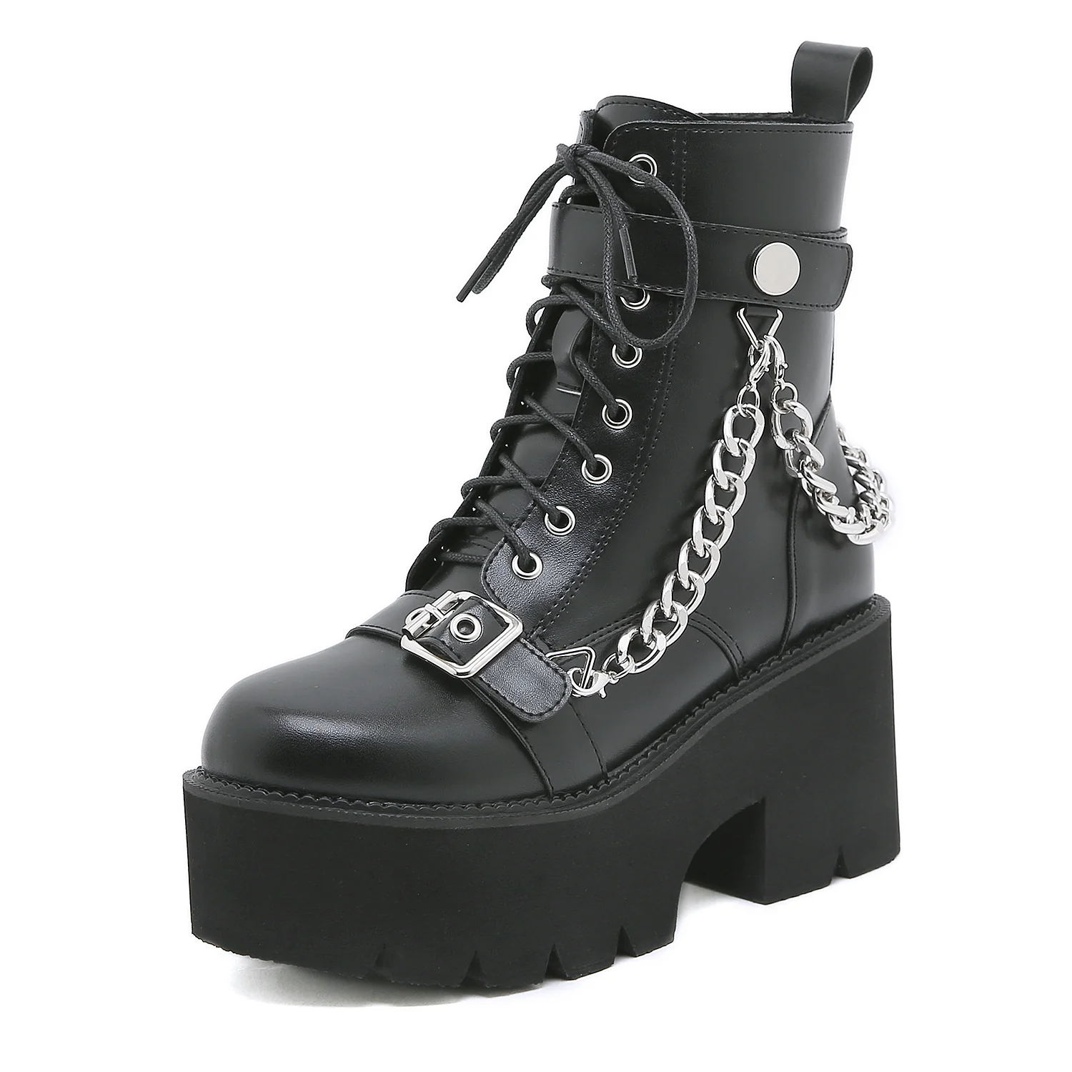 Independent Station Punk Motorcycle Boots Metal Belt Buckle Front Lace-up Chunky Heel Booties Platform Shoes Martin Boots Women's Platform - Deanwangkt