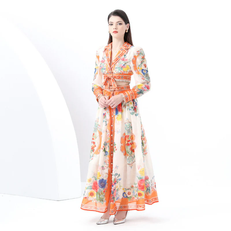 Popular, ,  New women's clothing vacation suit collar lace-up long-sleeved top + long high-waisted skirt - Deanwangkt