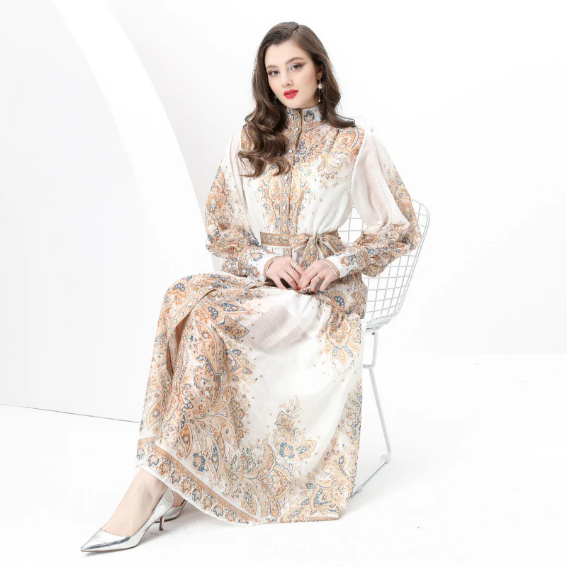 Court style high-end stand-up collar printed dress women's spring strap single-breasted design chic and beautiful long skirt - Deanwangkt