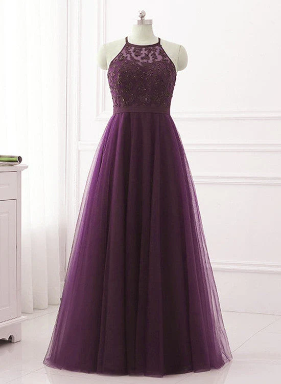Solvbao Purple Halter Tulle with Lace Applique Long Prom Dress, A-line Floor Length Party Dress - Deanwangkt
