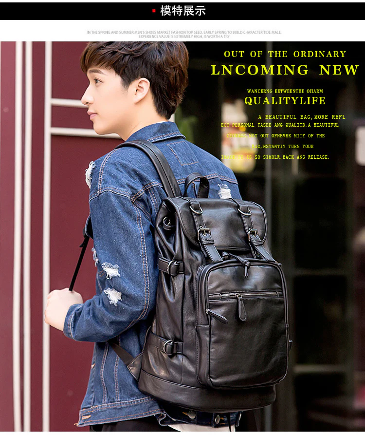 deanwangkt Men's Backpack Men's Backpack Leather Casual Korean Style Student Fashion Trendy Soft Leather Large Capacity Travel Bag - Deanwangkt