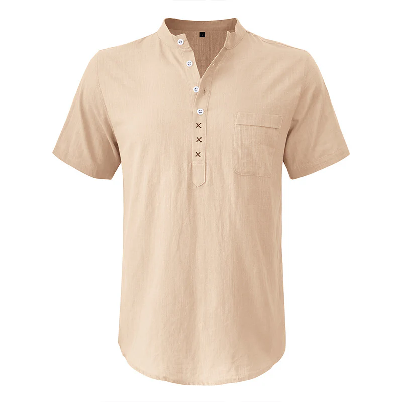 DEANWANGKT 2025 Cross-border men's Hawaiian short-sleeved beach shirt, Popular trade Henry shirt,   men's cotton and linen shirt - Deanwangkt