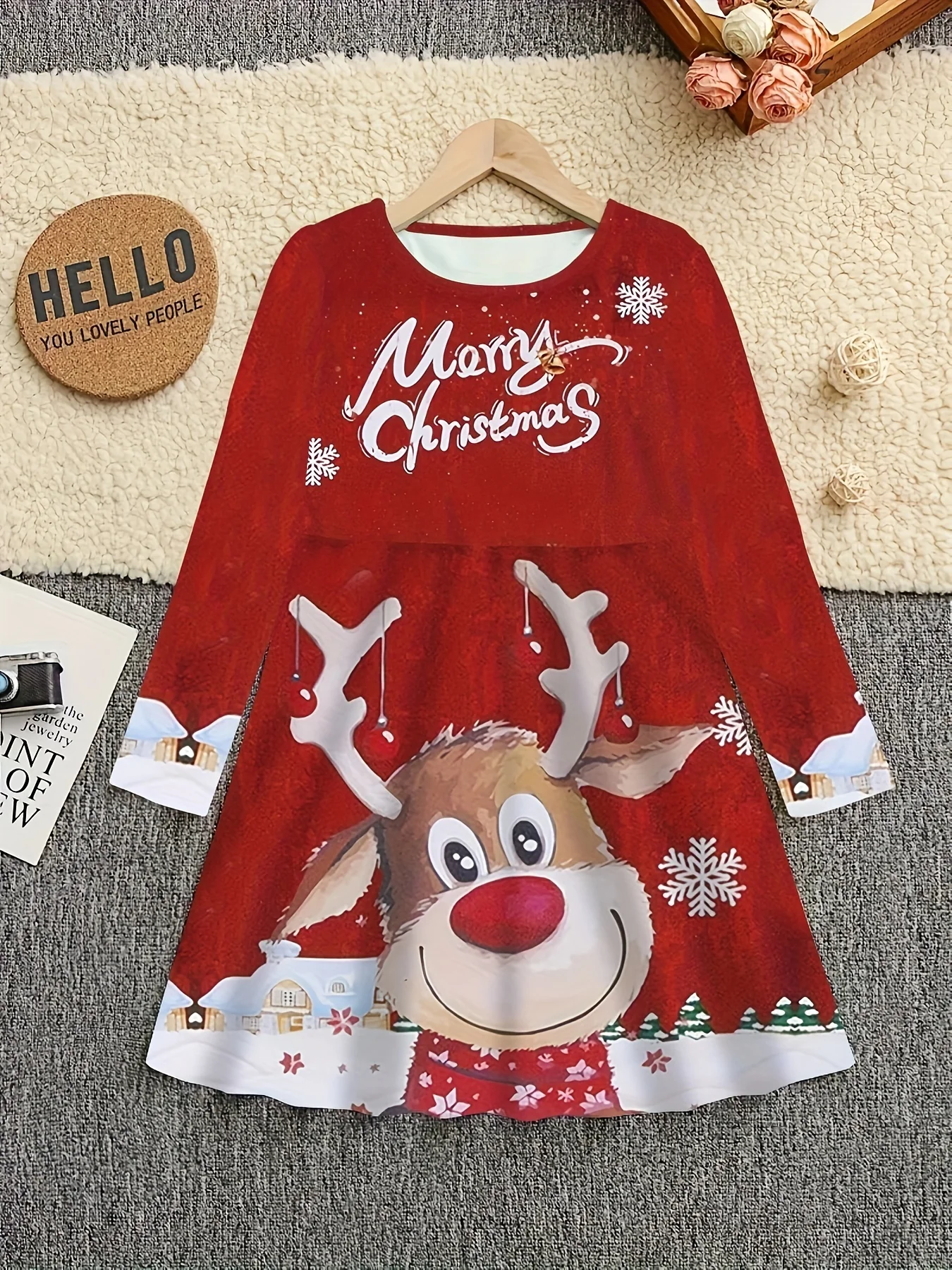 Girls' Festive Christmas Reindeer & Snowflake 3D Print Dress - Casual Elegance with Long Sleeves, Round Neck - Perfect for Spring/Summer/Fall - Deanwangkt