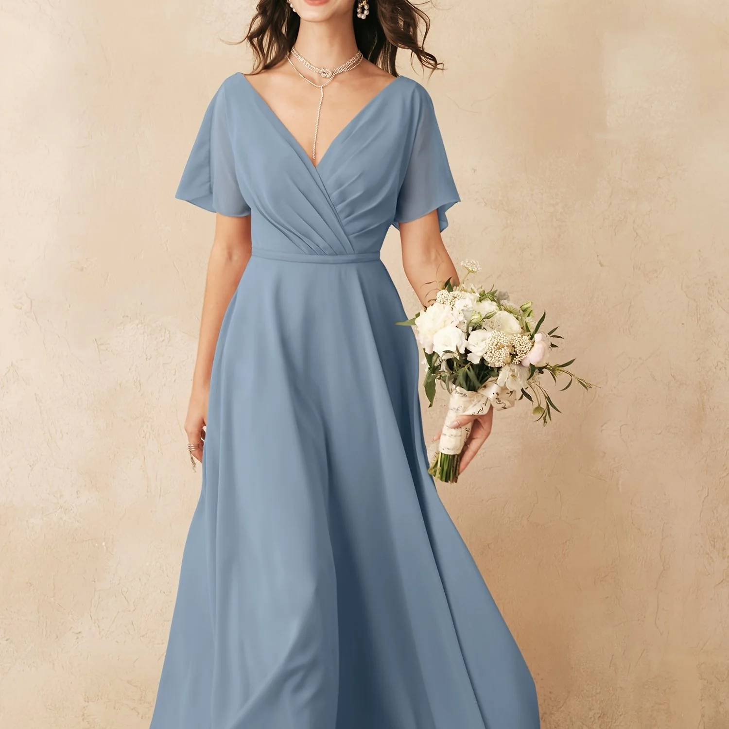 ALICEPUB Plus Size Wrap V-Neck Bridesmaid Dress Chiffon Long Maxi Formal Dress For Women Party Evening Short Sleeves - Deanwangkt