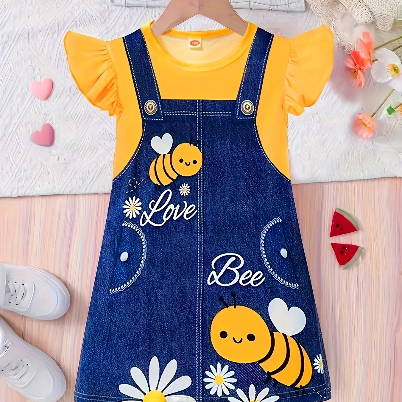 Midi Length Sleeveless Girls Cute Bee & Daisy Graphic Frill Sleeve T-Shirt Dress - Soft Slight Stretch Polyester Fabric, Crew Neck, Regular Fit, Casual Style - Perfect for Holiday, Going Out, Summer Gift - Deanwangkt