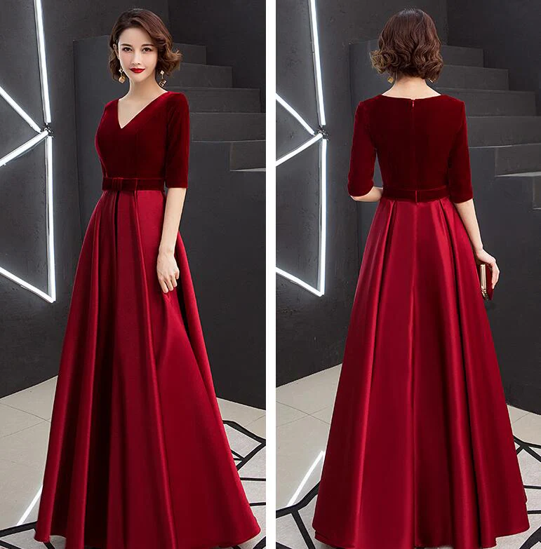 Solvbao Elegant V-neckline Velvet Top Long Bridesmaid Dresses, A-line Short Sleeves Prom Dresses - Deanwangkt