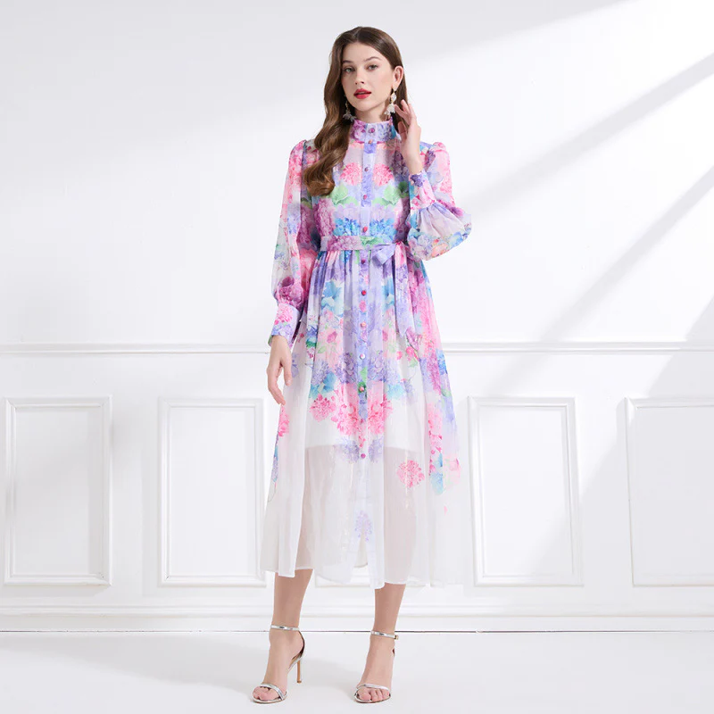 Two-piece set of  printed dresses, women's stand-up collar, long sleeves, waist straps, long dresses, niche  chiffon fairy dresses - Deanwangkt