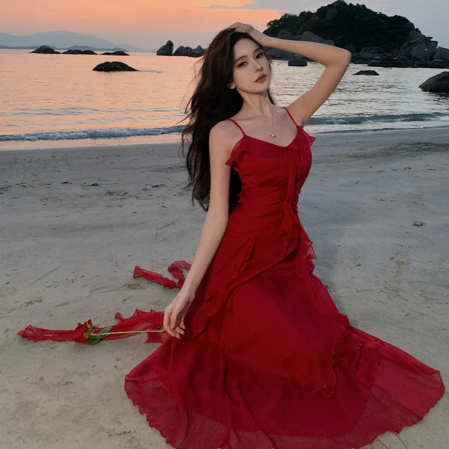 2025 vacation style retro suspender dress red engagement dress dress waist thin ruffle edge beach dress - Deanwangkt
