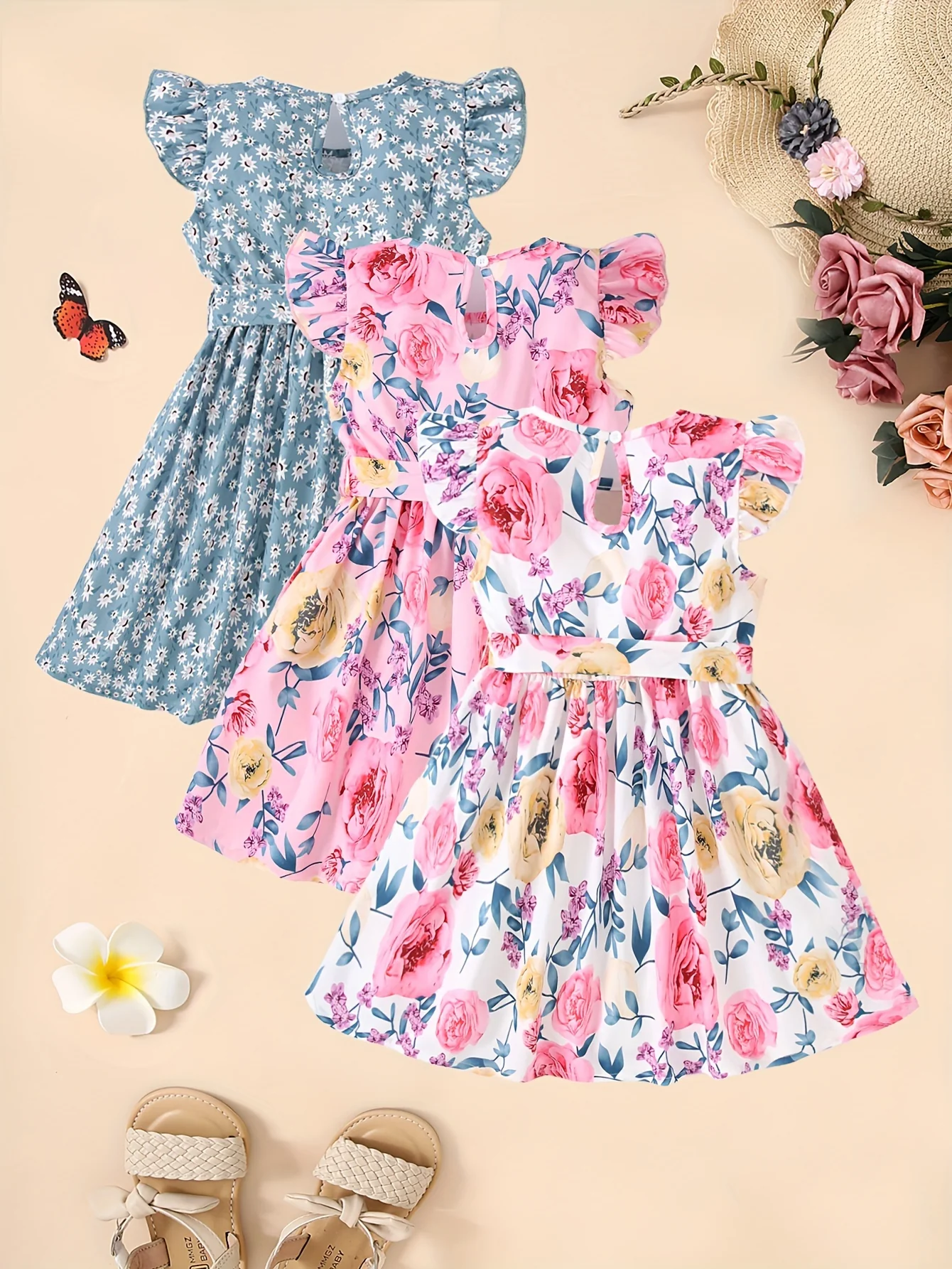 3pcs Little Princess Butterfly Floral Ruffle Trim Dresses - Adorable Belted Casual Summer Dresses for Girls - Polyester Non-Stretch Fabric, A-Line Fit, Perfect for Holiday Gift Party - Deanwangkt