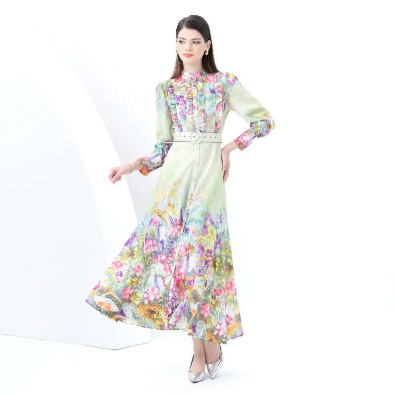 New export women's clothing holiday style retro lace stand-up collar single-breasted printing wide pendulum long dress - Deanwangkt