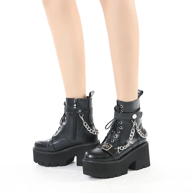 Independent Station Punk Motorcycle Boots Metal Belt Buckle Front Lace-up Chunky Heel Booties Platform Shoes Martin Boots Women's Platform - Deanwangkt