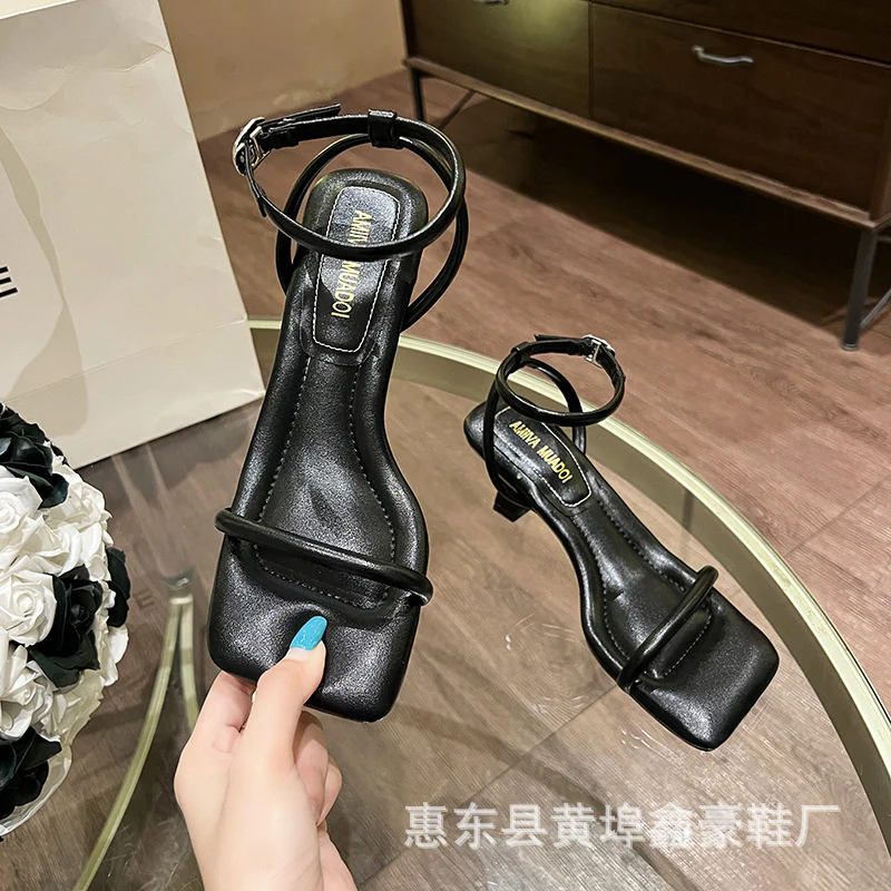 DEANWANGKT  Xinhao Shoes Factory  Square Head Fruit Shell with the Same Thin Strap Soft Strap Soft Bottom Strap Comfortable High Heel Sandals - Deanwangkt