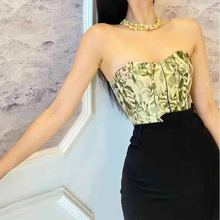 2025 Sistine fish bone small floral tube top beautiful back summer thin outer wear chest wrap without shoulder strap word shoulder inner top women - Deanwangkt