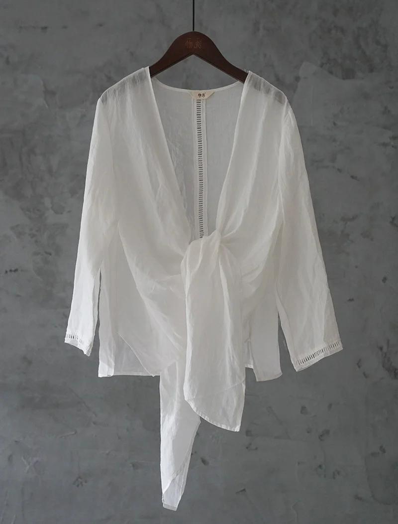 casual literary and artistic thin ramie irregular sunscreen cardigan versatile and thin commuter lace-up shawl S21130 - Deanwangkt