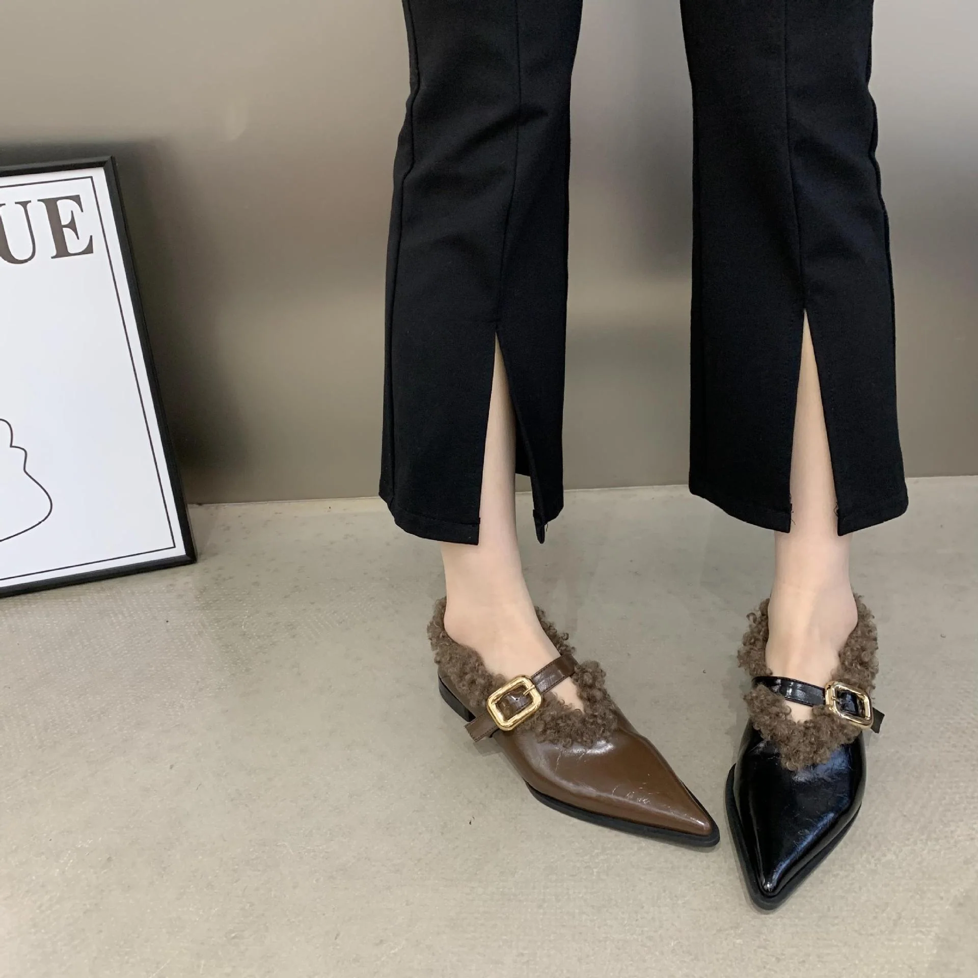2025  Popularan Station Spring and Autumn popular New Mao Mao Shallow Mouth Pointed Head One Foot Mary Jane Shoes Women's Rhinestone Flat Shoes - Deanwangkt
