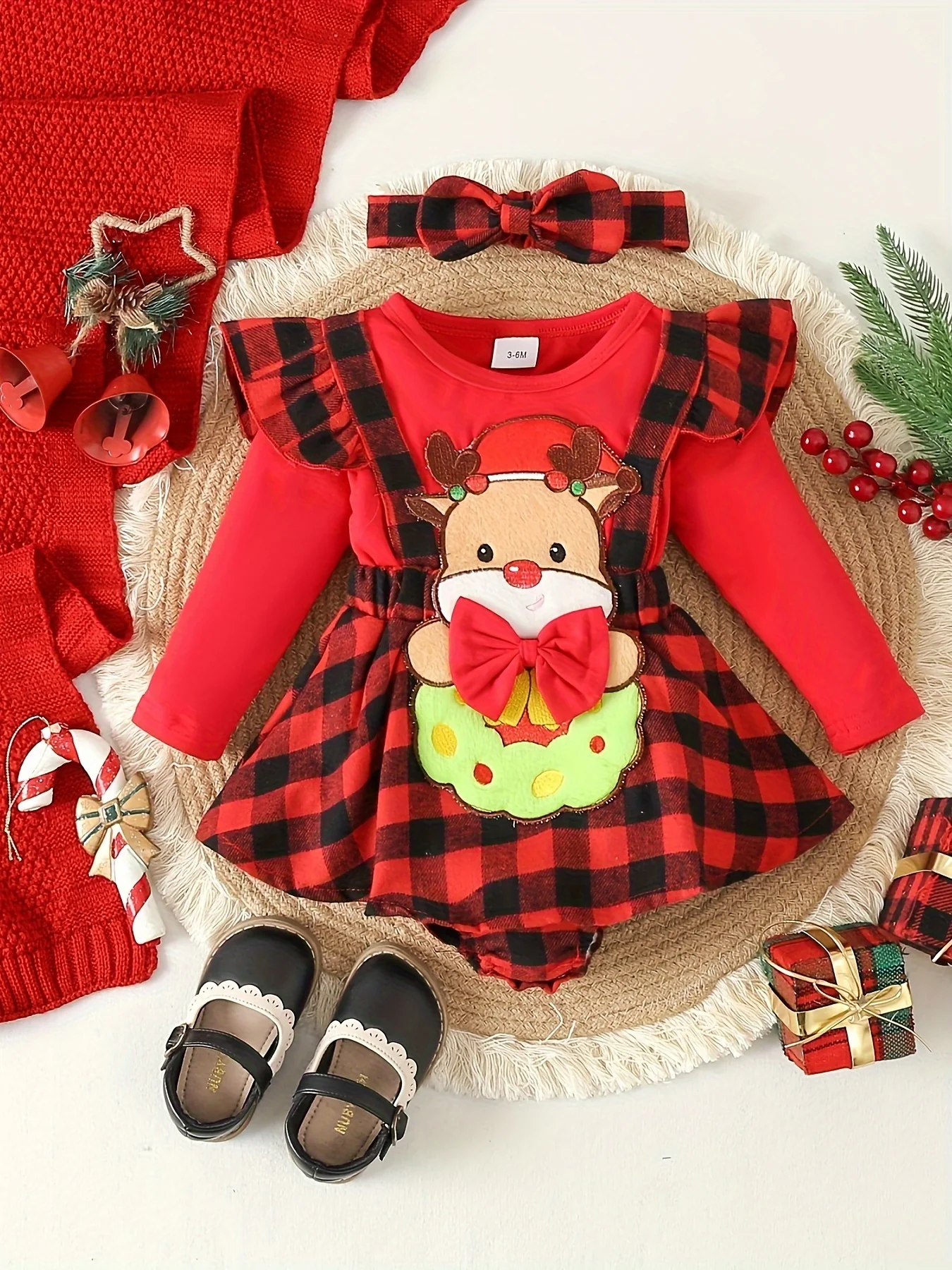 Toddler Baby Girls Christmas One-piece Romper Dress, Plaid Dress With Headband Set, Suitable For Indoor And Outdoor Wear - Deanwangkt