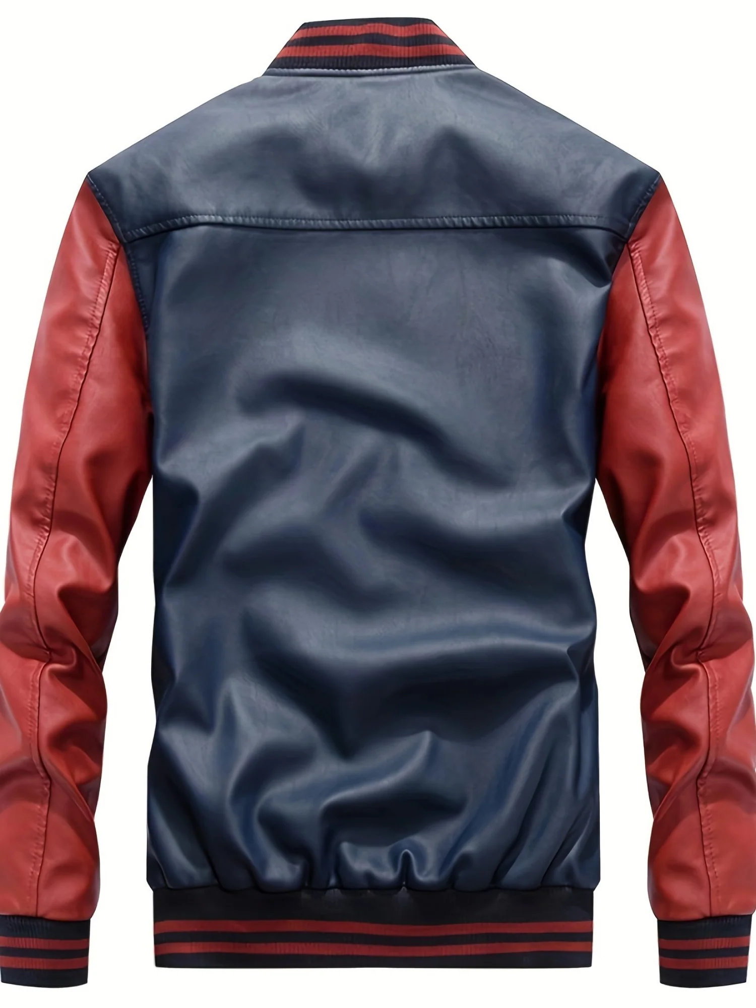 1pc Men'S Preppy Style Faux Leather Jacket - Polyester Baseball Collar Stand Coat with Alphabet Pattern, Zipper Closure, Non-Stretch Woven Fabric, Regular Fit with Polyester Lining, Plus Size - Deanwangkt