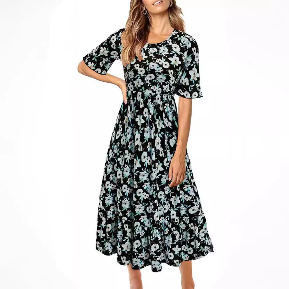 DEANWAQNGKT  Cross-Border Supply Floral round Neck Mid-Length Dress Casual Hidden Belly Fat Hawaii - Deanwangkt
