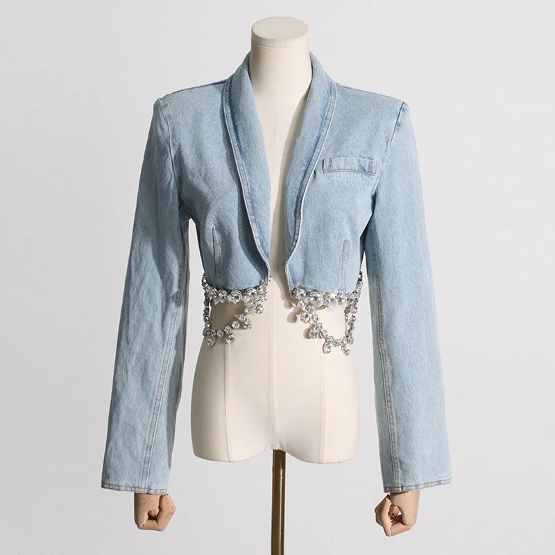 2025 New diamond chain decorative short top jacket + fashion hip skirt two-piece denim suit women - Deanwangkt