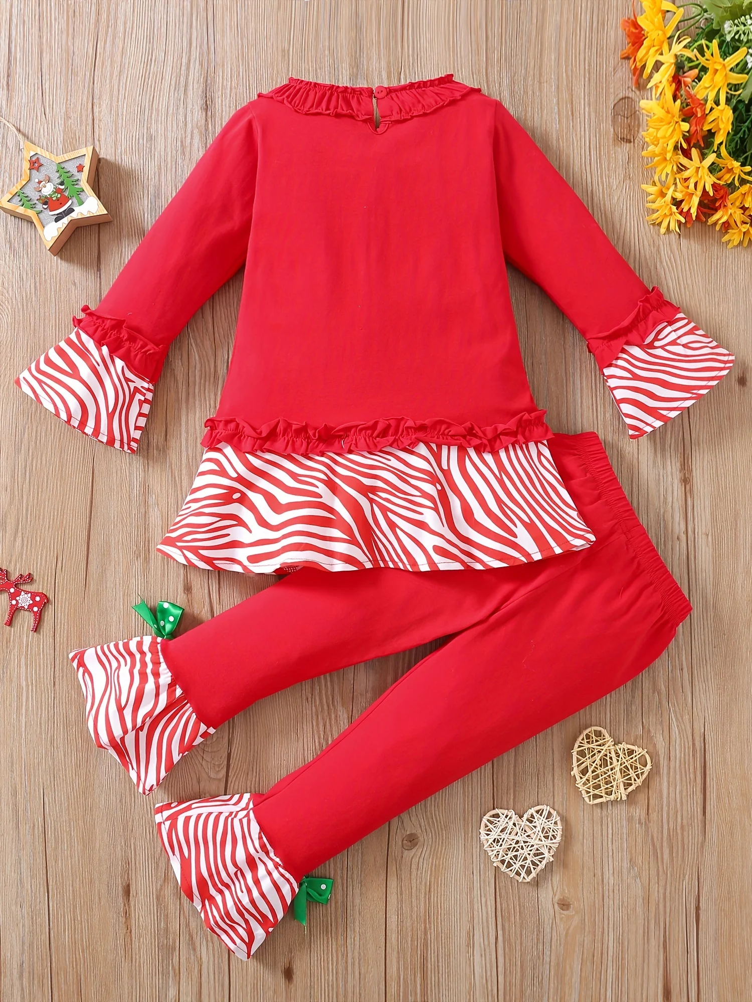 2pcs Toddler Girl's Santa Clause Patched Peplum Top & Flared Pants Set, Christmas Outfit for Spring Fall Festival - Deanwangkt