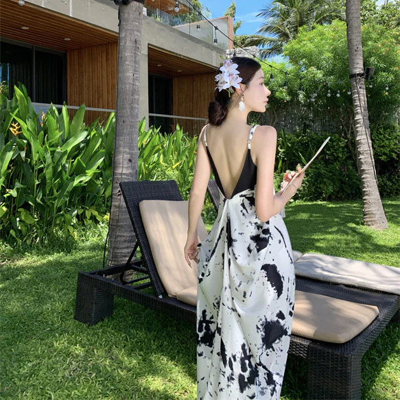 2025 New Chinese ink painting printing v-neck suspender chic dress women's summer seaside vacation style design long dress - Deanwangkt