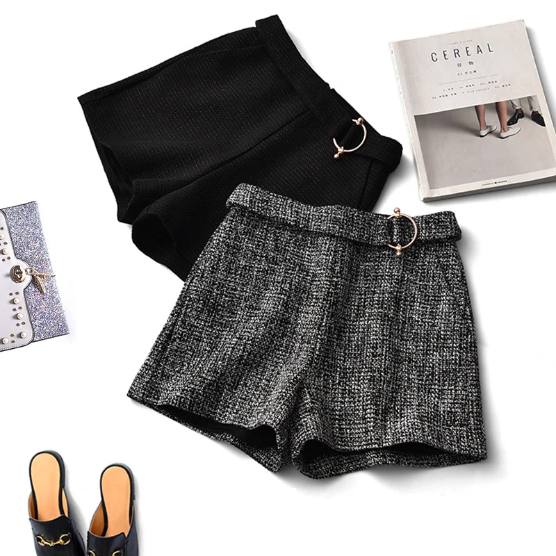 2025 Tweed hot pants  spring new fashion gold silk tweed waist black shorts lace-up boots women's clothing - Deanwangkt