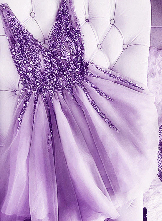 Solvbao Light Purple Beaded V-neckline Tulle Short Homecoming Dress, Tulle Short Prom Dress - Deanwangkt