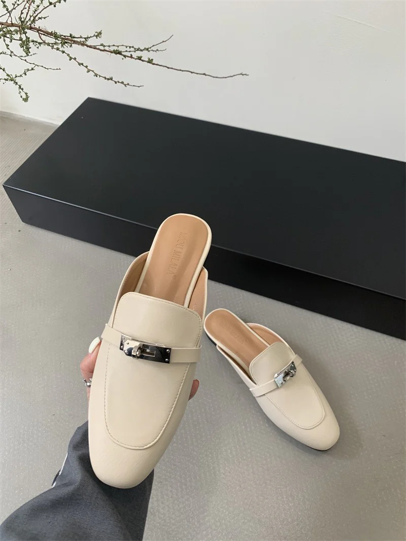 DEANWANGKT  Closed Toe Half Slippers Women's Summer Outdoor Mules  New Horsebit Buckle Flat Shoes Genuine Leather Internet Celebrity Lazy Sandals - Deanwangkt
