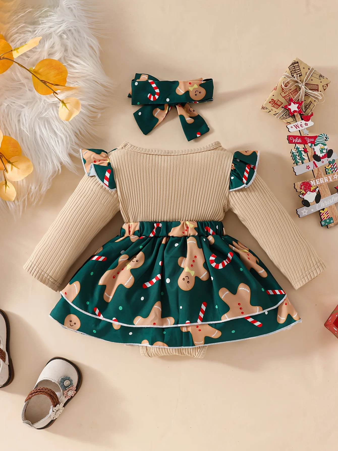 Baby's Christmas Element Patchwork Faux Two-piece Ribbed Long Sleeve Romper Dress + Hairband, Infant & Toddler Girl's Dress For Daily Wear/Holiday/Party, As Gift - Deanwangkt