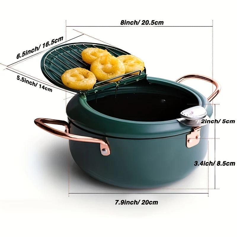 1pc Large Green Tempura Deep Fryer Pan - Non-Stick Carbon Steel with Fahrenheit Thermometer for Perfect Tempura, Chicken, Fish, Shrimp - Easy Cleaning, Durable, Space-Saving Design for Home Kitchen - Deanwangkt